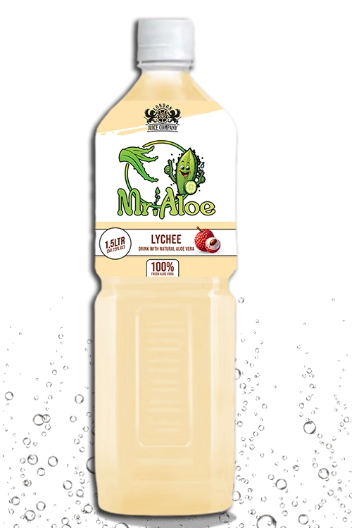 Mr. Aloe Lychee flavor in a refreshing 1.5-liter bottle, made with natural aloe vera.